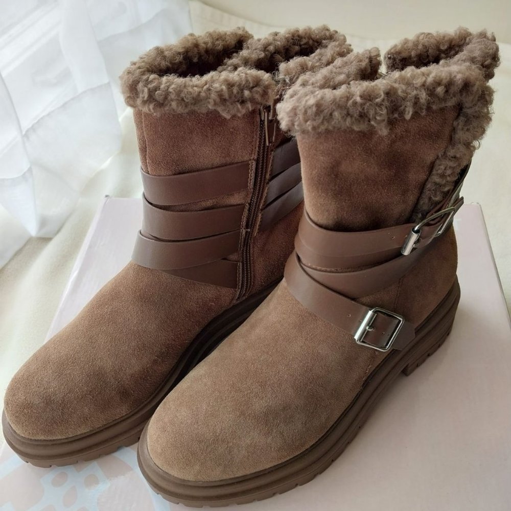 Laurie Felt Shearling-Trimmed Suede Buckle Boots